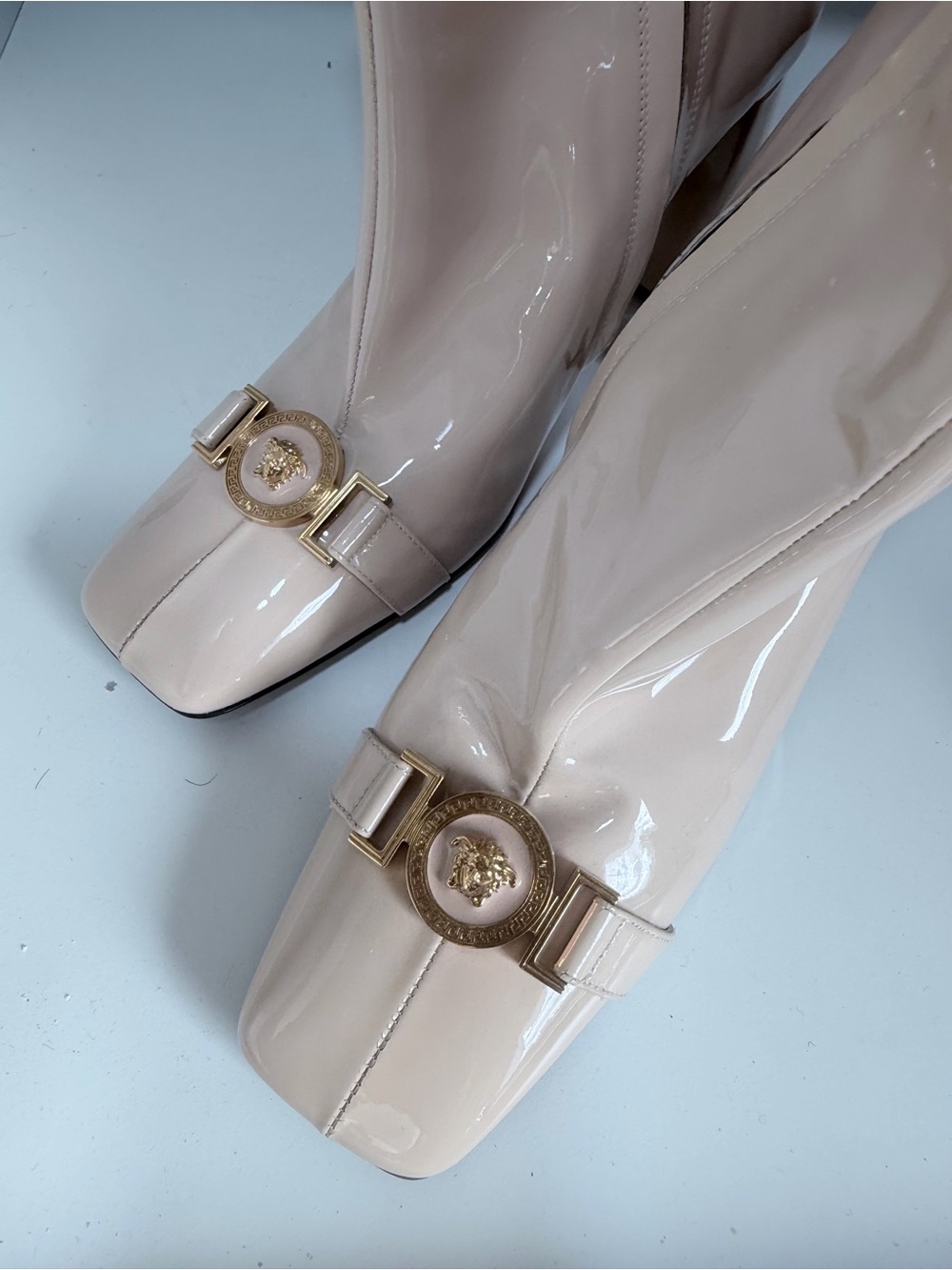 Versace Patent Leather Nude Heeled Boots with Gold Medallion